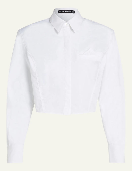 Karl Lagerfeld white cropped shirt me chest pocket long sleeve front flat view