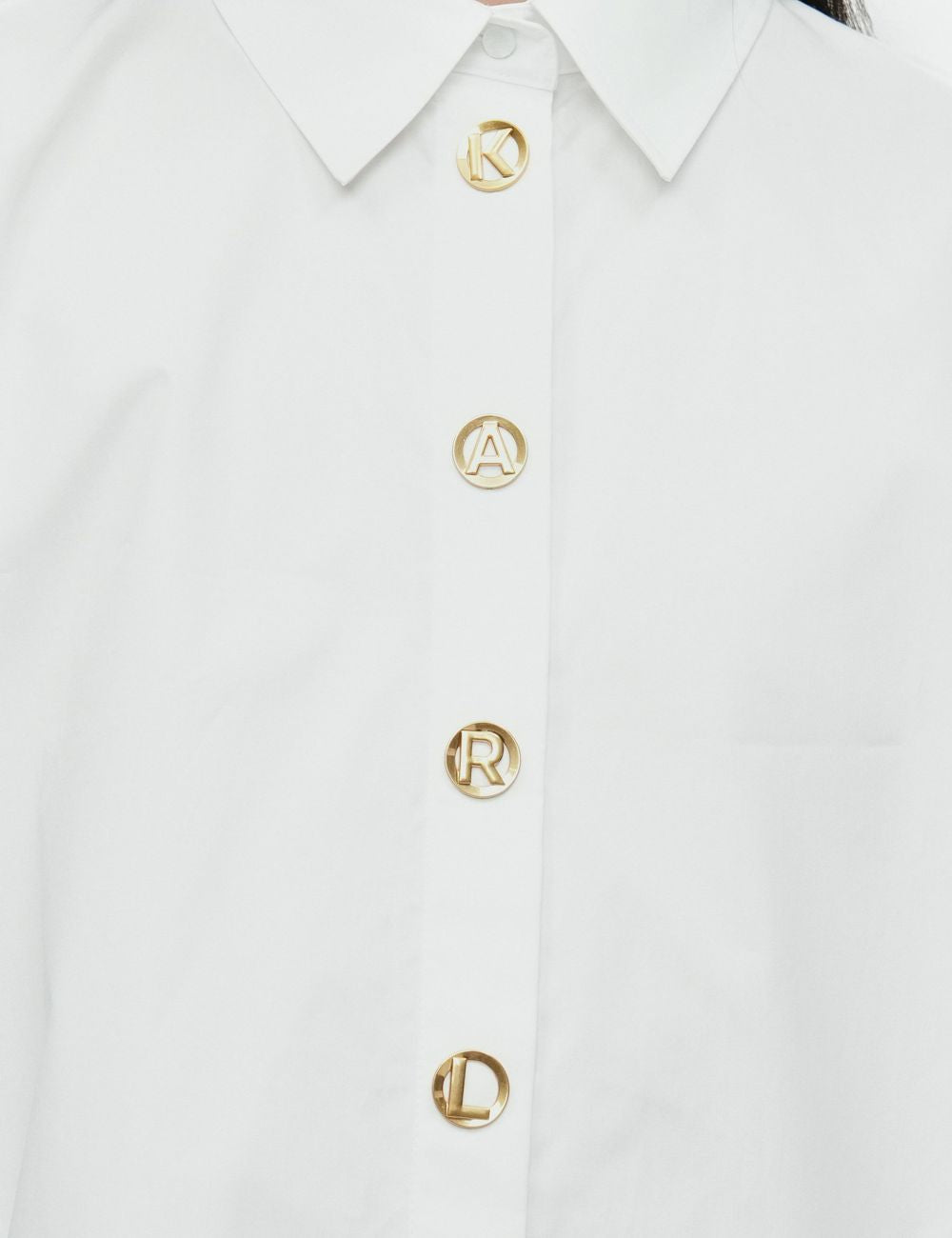 Karl Lagerfeld white poplin shirt me gold snap buttons KARL lettering top view