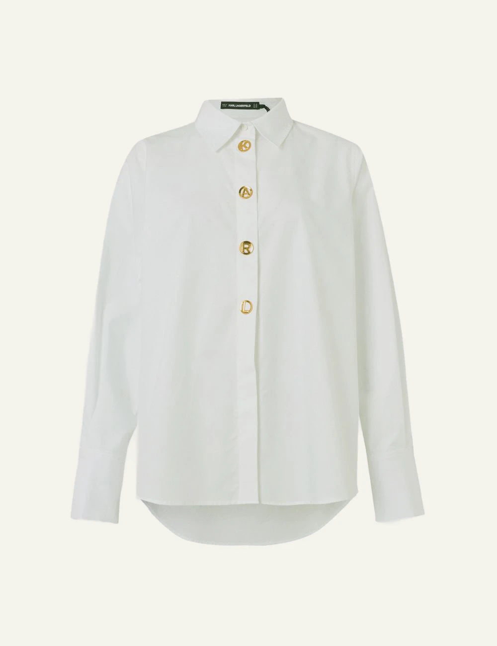 Karl Lagerfeld white poplin shirt me gold snap buttons KARL lettering front view