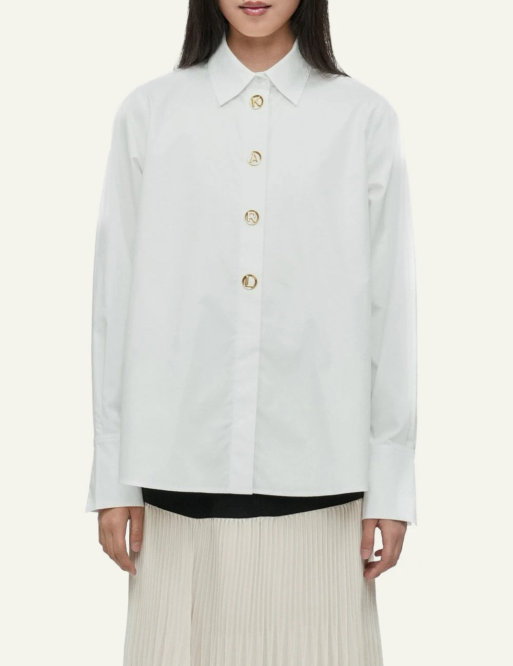 Karl Lagerfeld white poplin shirt me gold snap buttons KARL lettering front model view