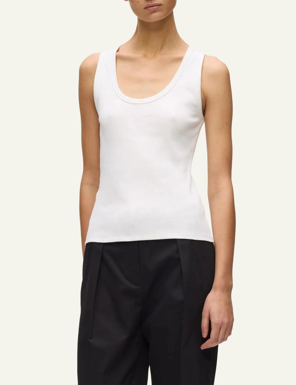Karl Lagerfeld white rib tank top with signature embroidery model