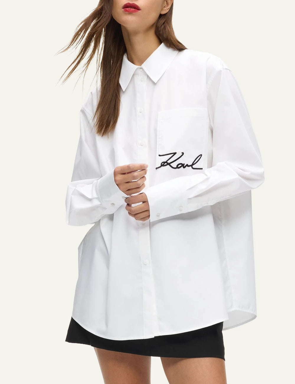 Karl Lagerfeld white shirt me signature logo stin tsepi front detail view