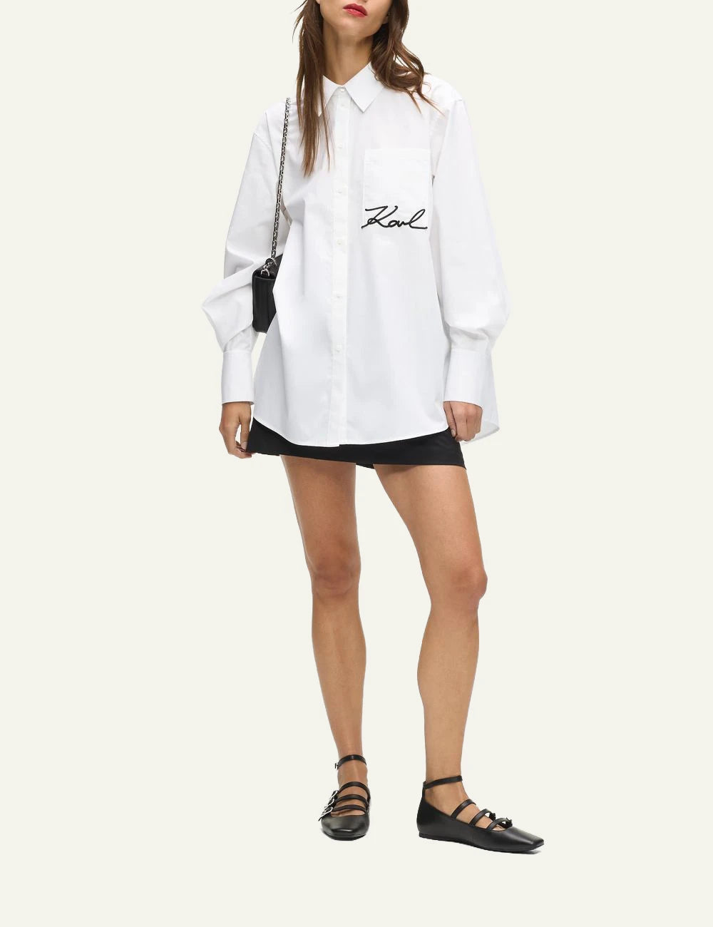 Karl Lagerfeld white shirt me signature logo stin tsepi front model view