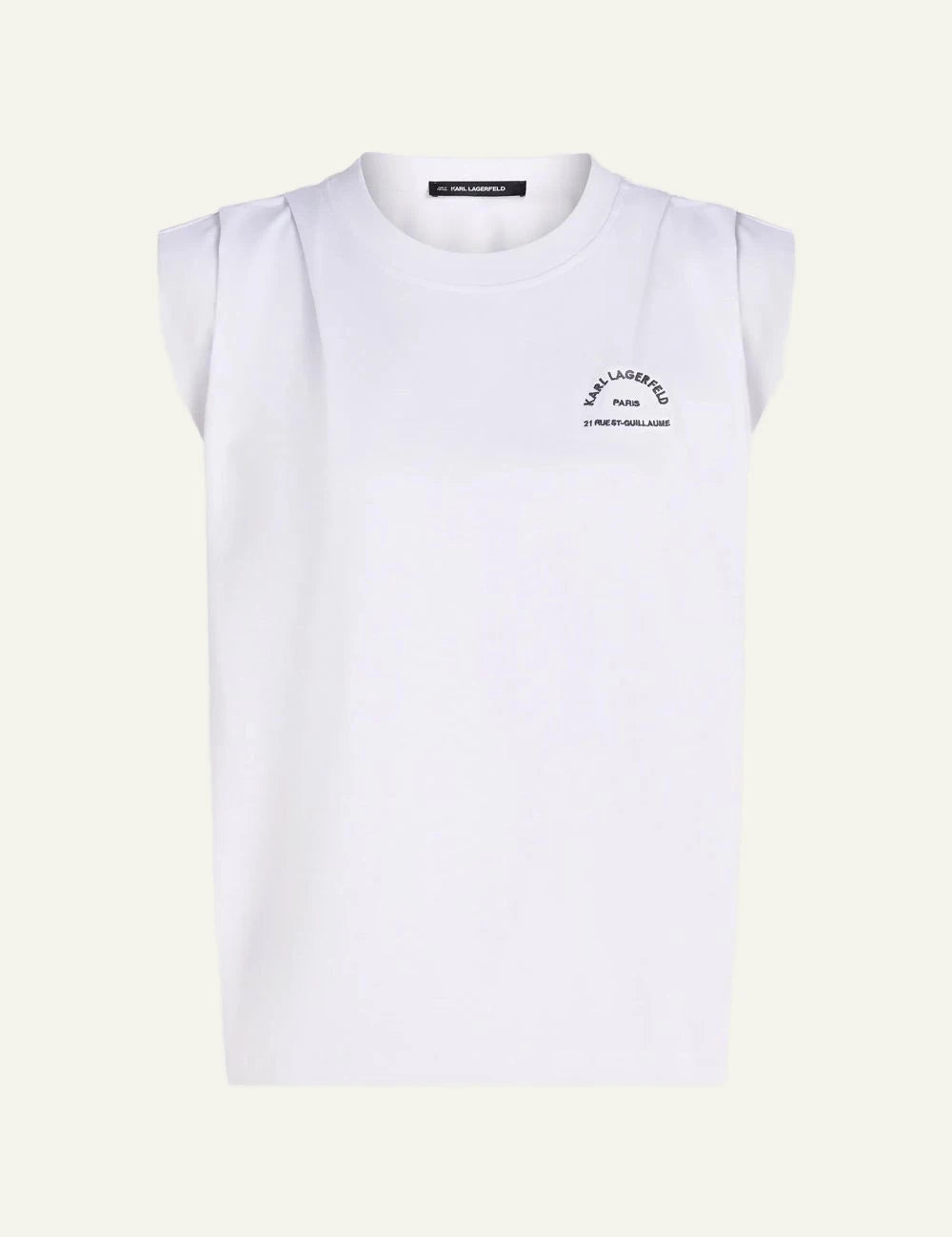 Karl Lagerfeld white sleeveless organic cotton T-shirt with Rue St-Guillaume chest print