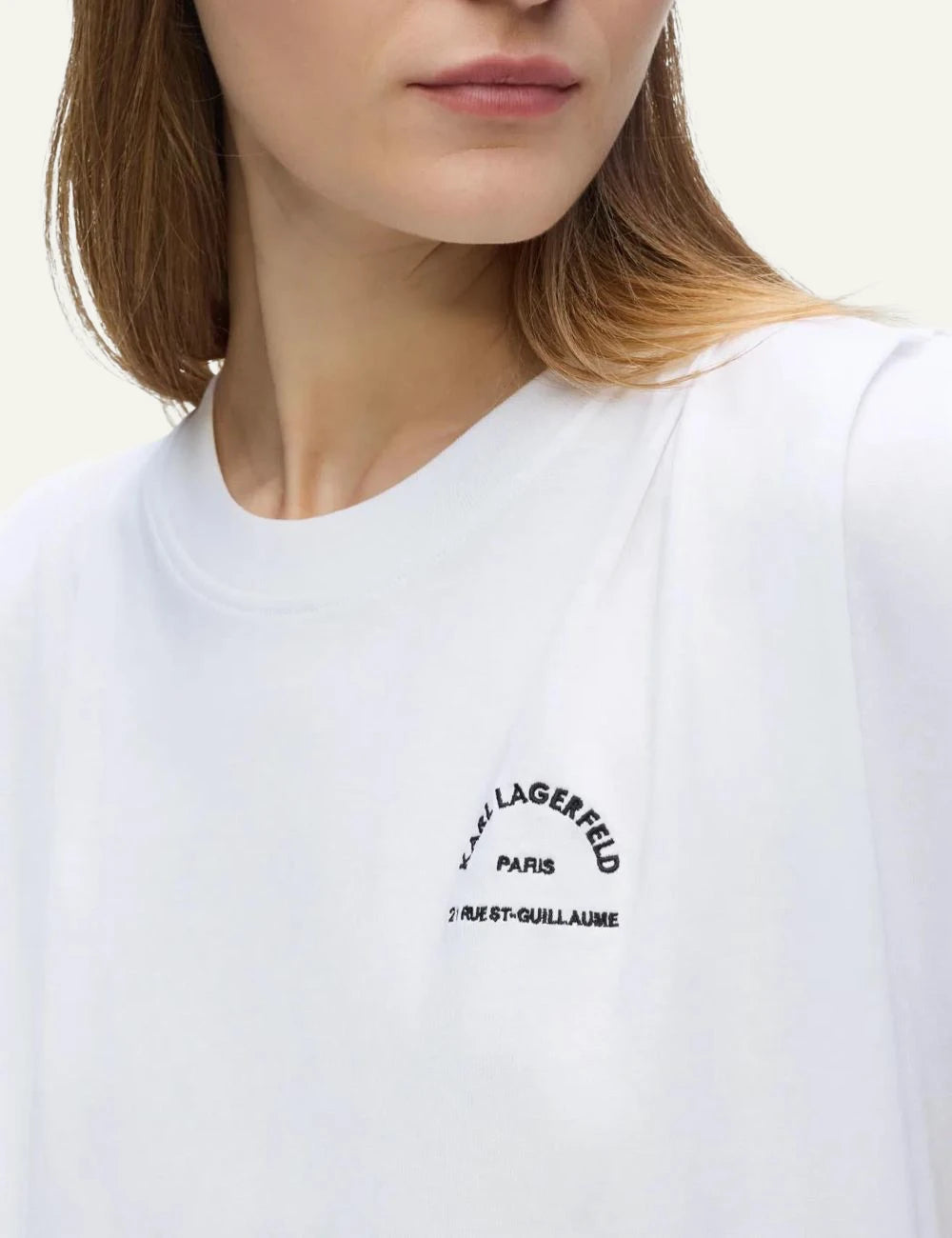 Karl Lagerfeld white sleeveless organic cotton T-shirt with Rue St-Guillaume chest print detail