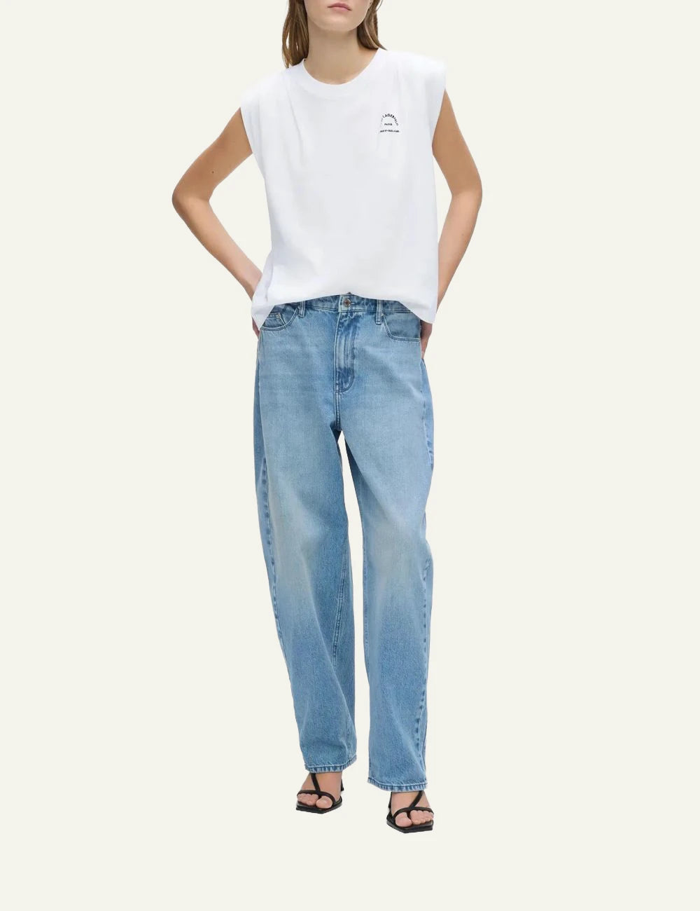 Karl Lagerfeld white sleeveless organic cotton T-shirt with Rue St-Guillaume chest print full body