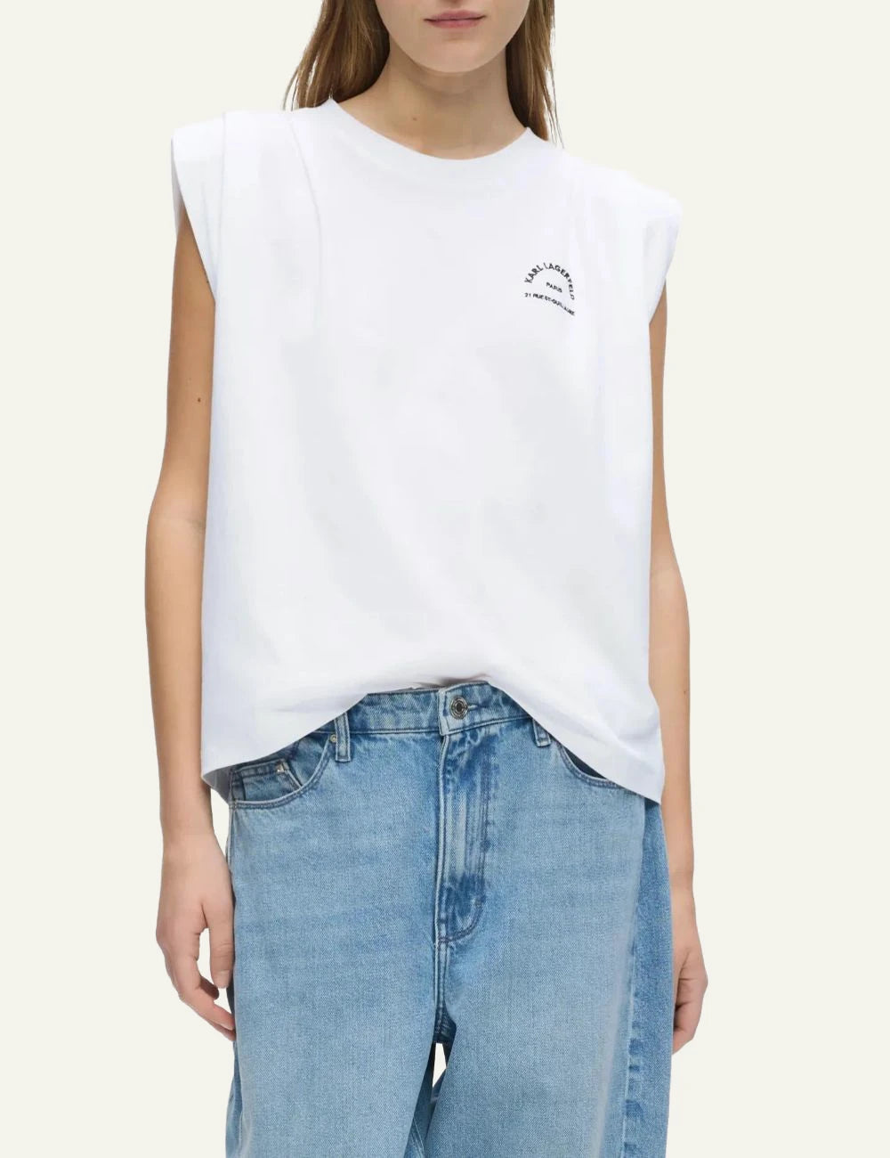 Karl Lagerfeld white sleeveless organic cotton T-shirt with Rue St-Guillaume chest print model