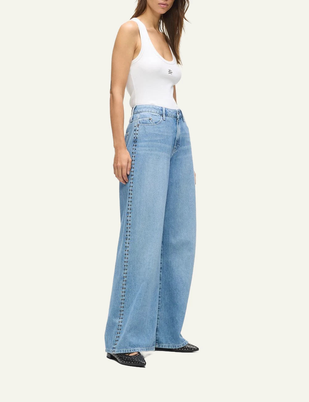 Karl Lagerfeld wide leg jeans blue denim high rise with gunmetal studs side view