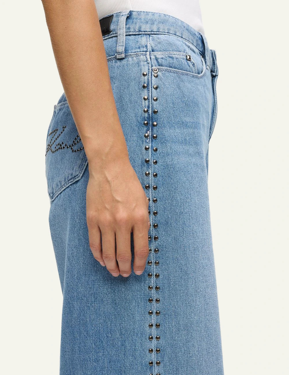 Karl Lagerfeld wide leg jeans blue denim high rise with gunmetal studs detail view