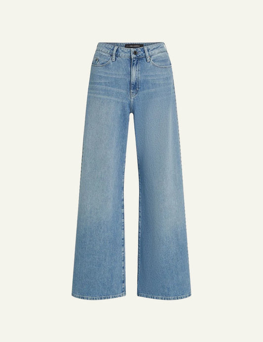Karl Lagerfeld wide leg jeans blue denim high rise with gunmetal studs front flat view