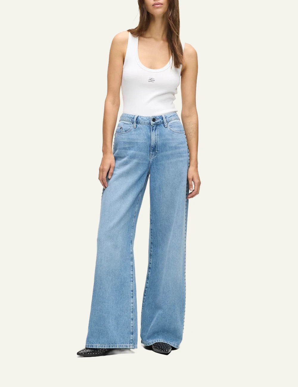 Karl Lagerfeld wide leg jeans blue denim high rise with gunmetal studs front full body view