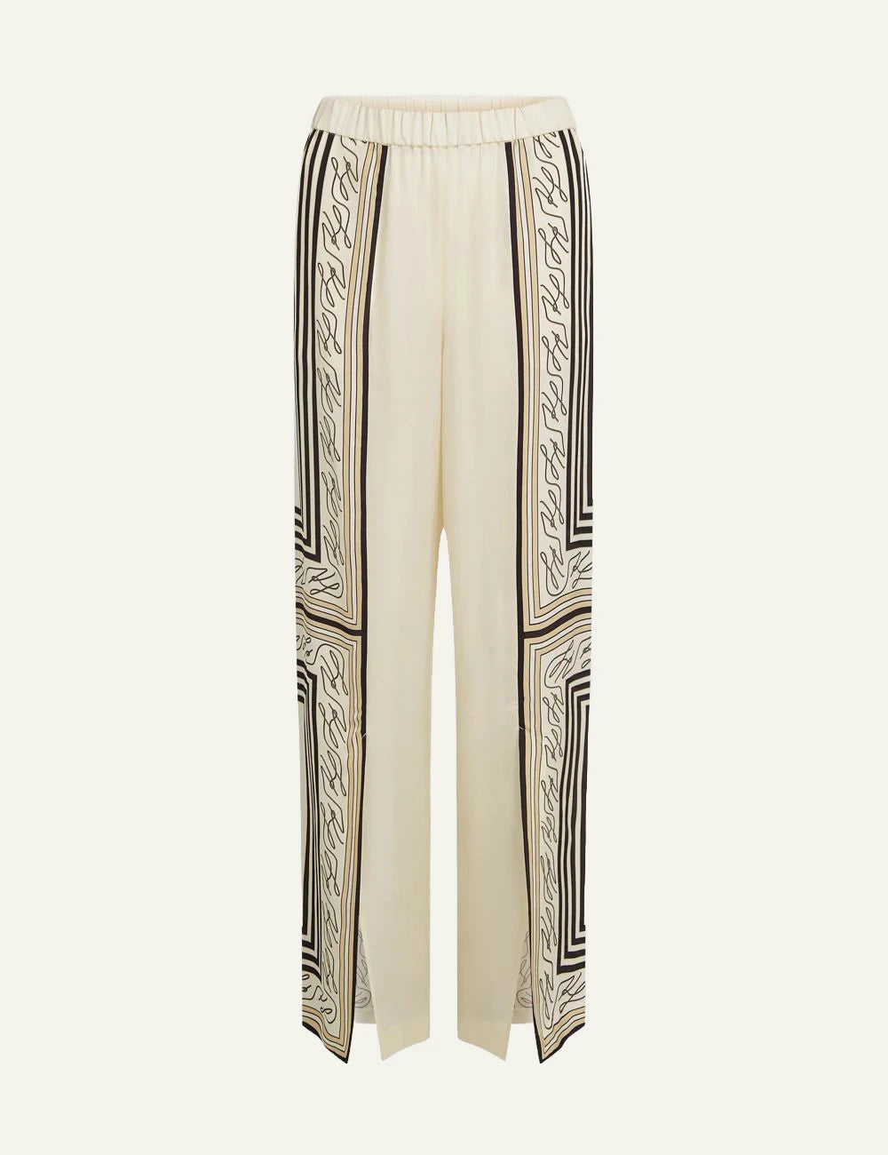 Karl Lagerfeld wide leg pants autograph print beige elastic waist split hem front flat view
