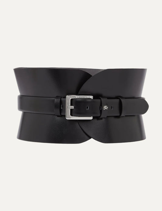 Karl Lagerfeld women black corset waist belt with silver logo buckle