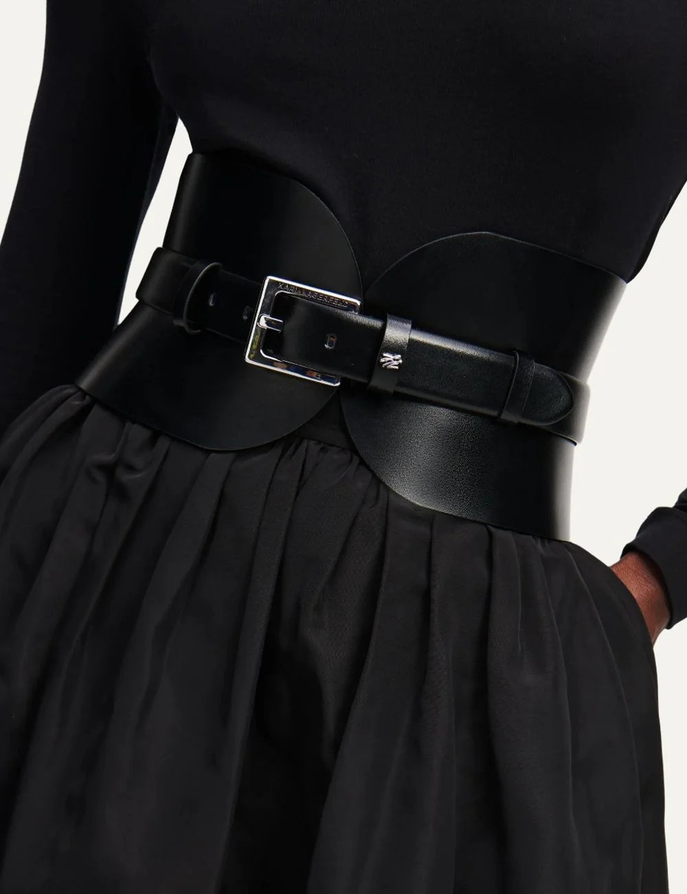 Karl Lagerfeld women black corset waist belt with silver logo buckle model