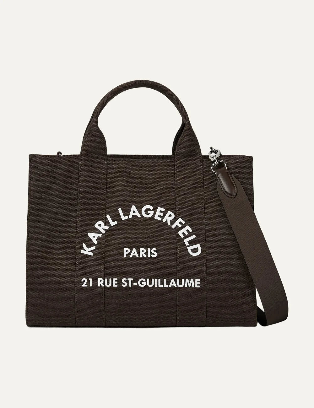 Karl Lagerfeld women brown tote bag with Rue St-Guillaume logo and adjustable shoulder strap