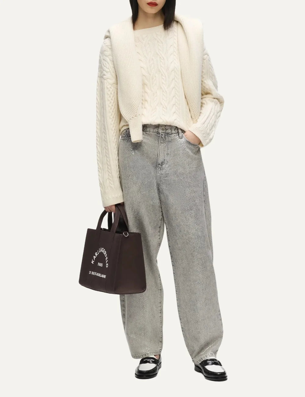 Karl Lagerfeld women brown tote bag with Rue St-Guillaume logo and adjustable shoulder strap model