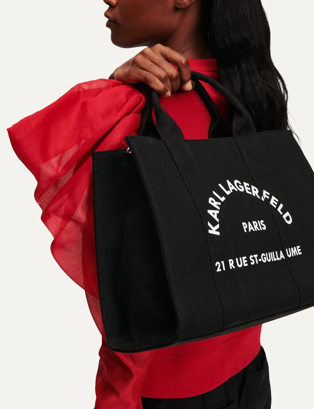 Karl Lagerfeld women black tote bag with Rue St-Guillaume logo and adjustable shoulder strap model
