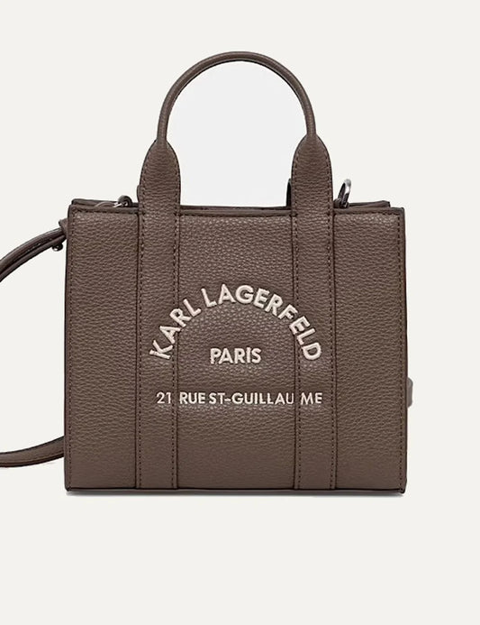 Karl Lagerfeld women dark taupe K Rue St Guillaume mini square tote bag with logo and shoulder strap