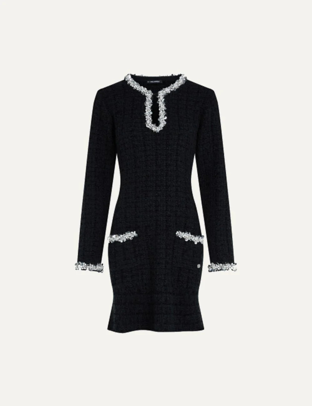 Karl Lagerfeld women black mini dress with white embellished trim and long sleeves