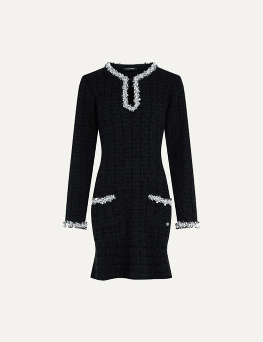 Karl Lagerfeld women black mini dress with white embellished trim and long sleeves
