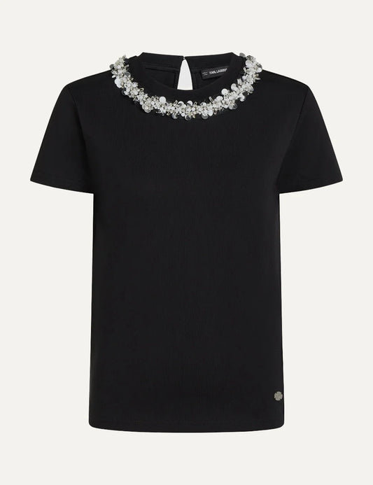 Karl Lagerfeld women black organic cotton T-shirt with faux pearl embellished neckline