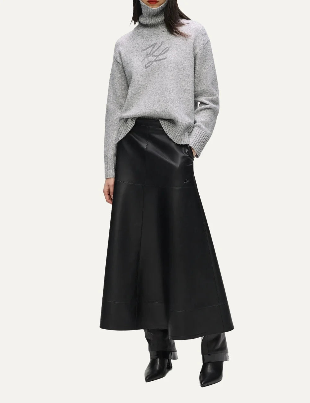 Karl Lagerfeld women grey wool blend turtleneck sweater with Karl Signature embroidery full body