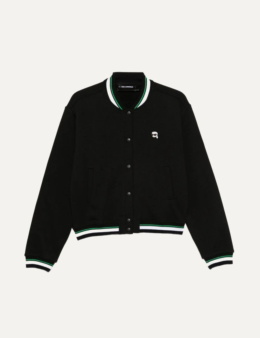 Karl Lagerfeld women black organic cotton varsity cardigan with striped trim and Karl logo patch