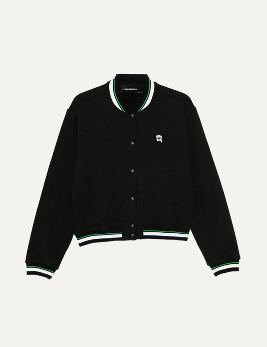 Karl Lagerfeld women black organic cotton varsity cardigan with striped trim and Karl logo patch