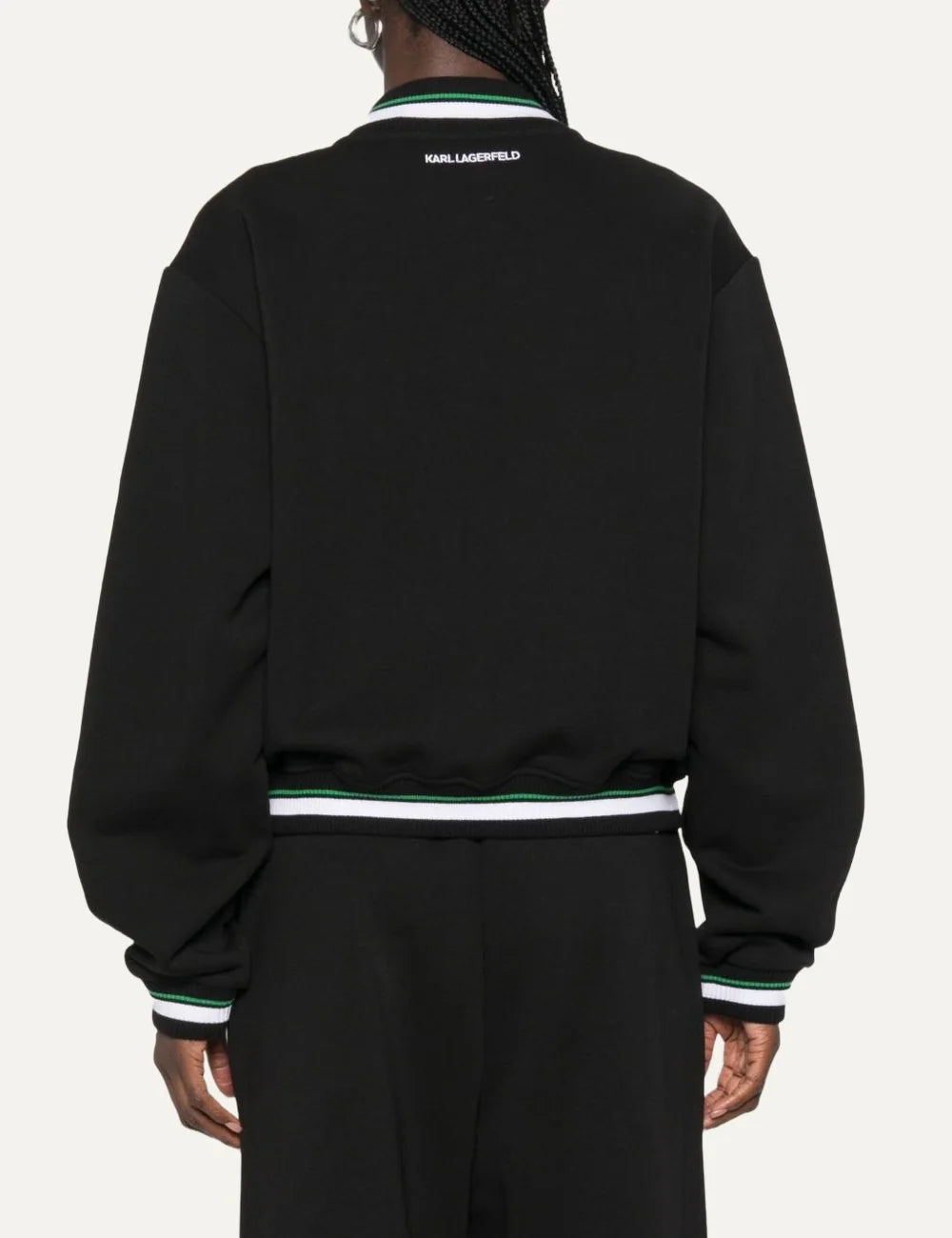 Karl Lagerfeld women black organic cotton varsity cardigan with striped trim and Karl logo patch back