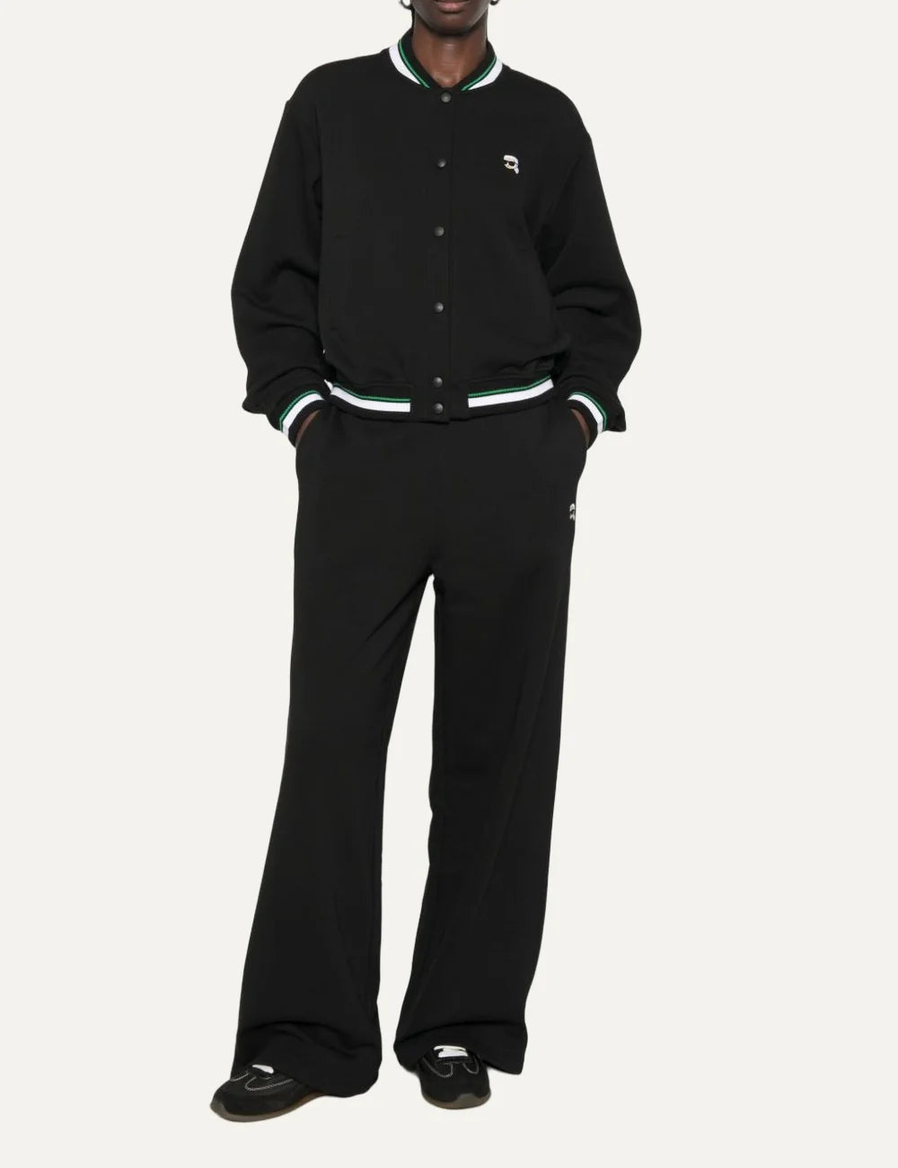 Karl Lagerfeld women black organic cotton varsity cardigan with striped trim and Karl logo patch full body