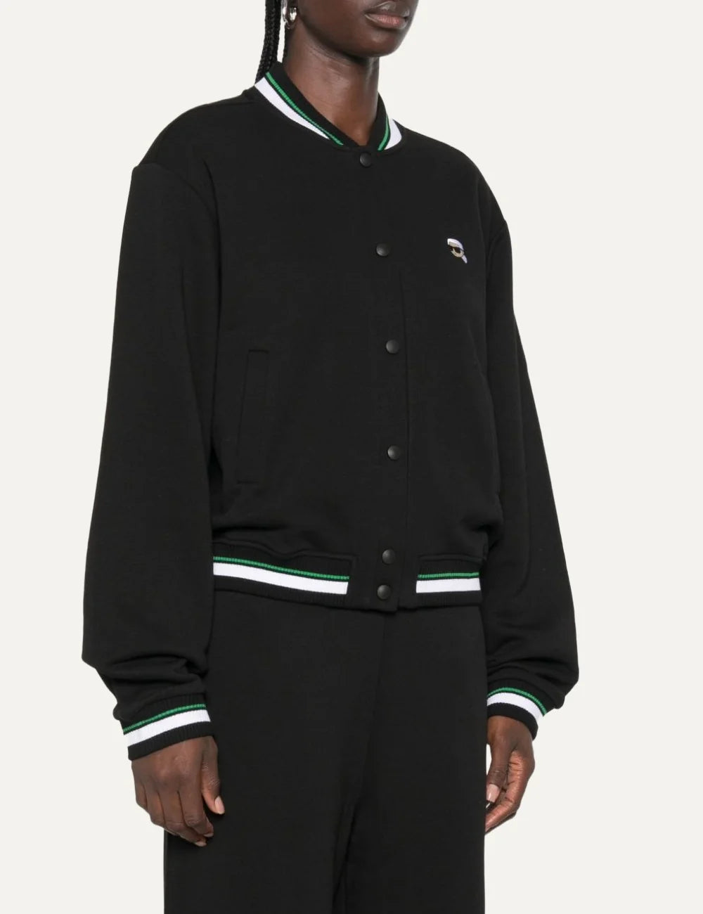 Karl Lagerfeld women black organic cotton varsity cardigan with striped trim and Karl logo patch detail