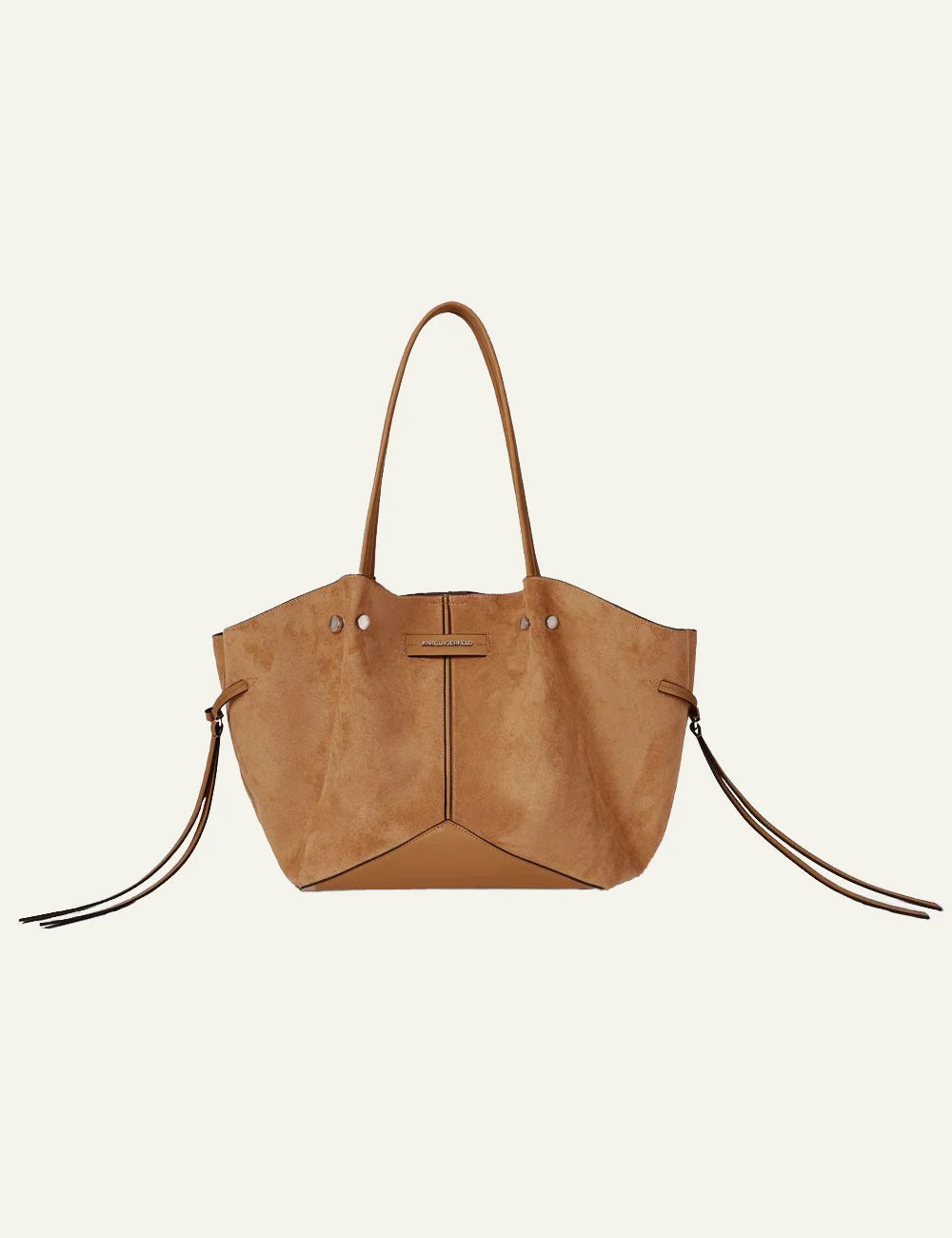 Karl Lagerfeld women brown faux suede tote bag with drawstring details and shoulder handles