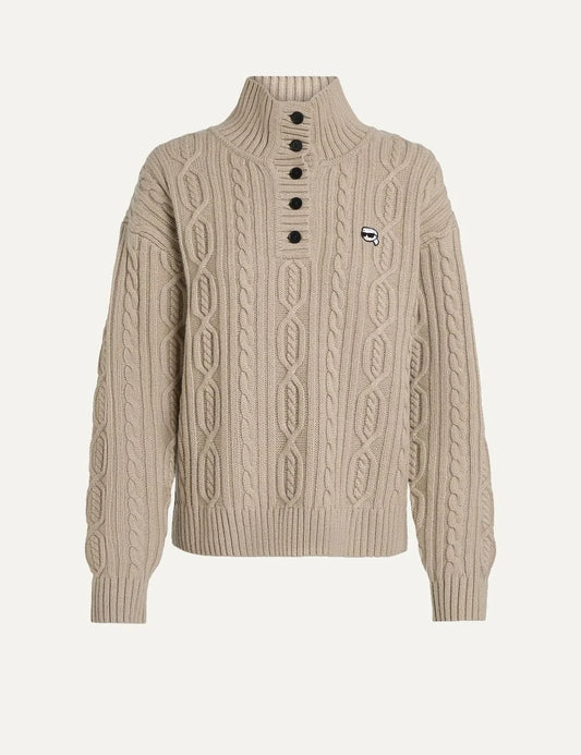 Karl Lagerfeld women beige wool blend cable knit sweater with buttoned high neck and Ikon Karl patch