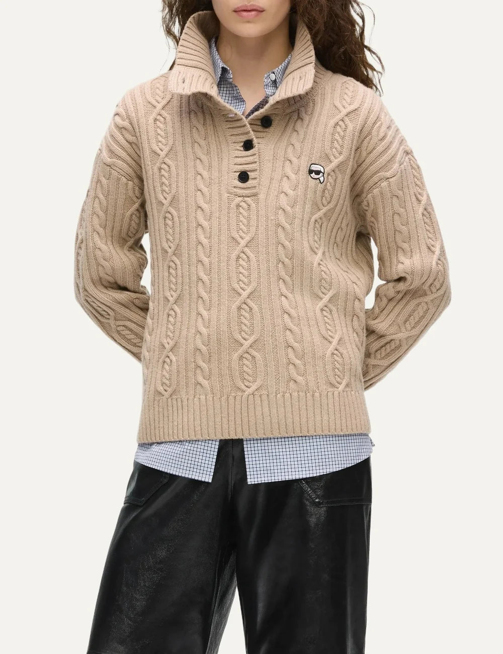 Karl Lagerfeld women beige wool blend cable knit sweater with buttoned high neck and Ikon Karl patch model