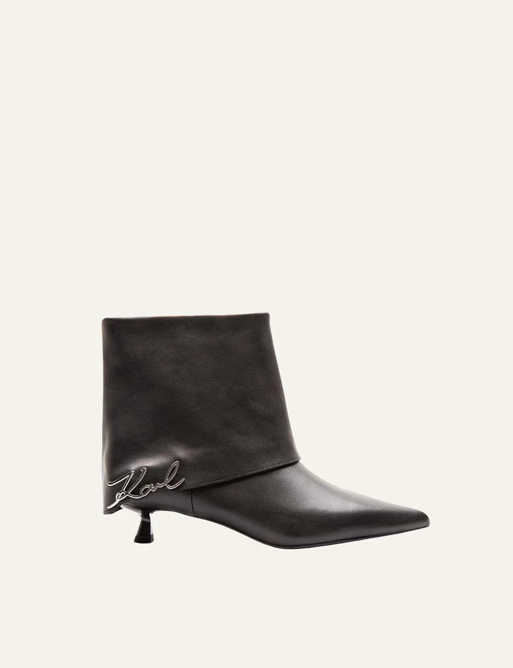 Karl Lagerfeld women black leather ankle boots with Karl Signature detail and pointed toe