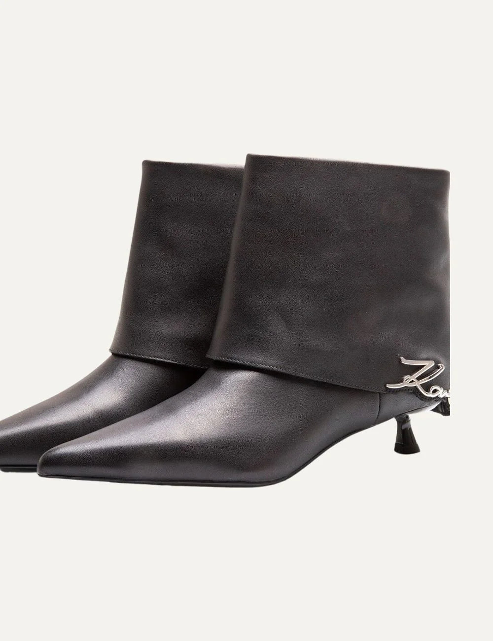 Karl Lagerfeld women black leather ankle boots with Karl Signature detail and pointed toe side