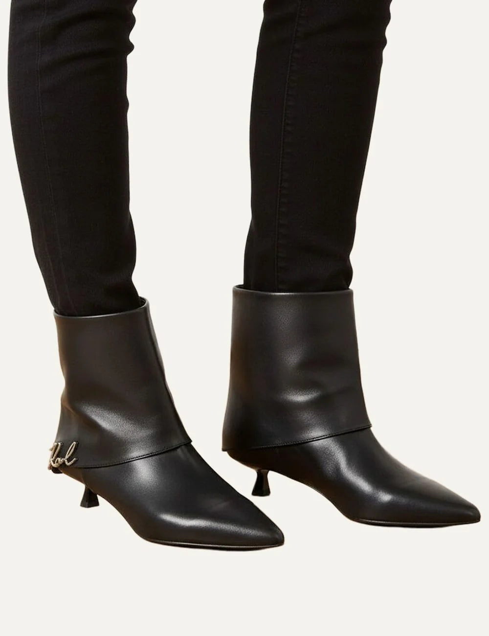 Karl Lagerfeld women black leather ankle boots with Karl Signature detail and pointed toe model