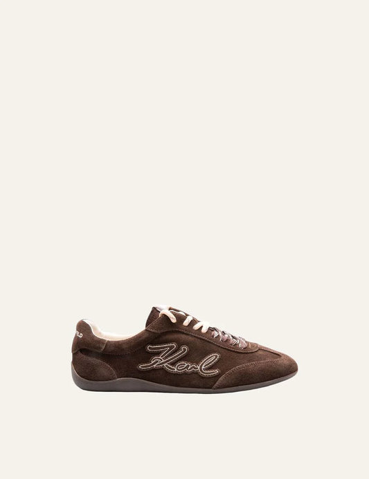 Karl Lagerfeld women dark brown suede sneakers with Karl Signature detail and contrast laces