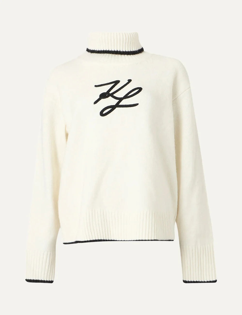 Karl Lagerfeld women ecru turtleneck sweater with black Karl Signature embroidery