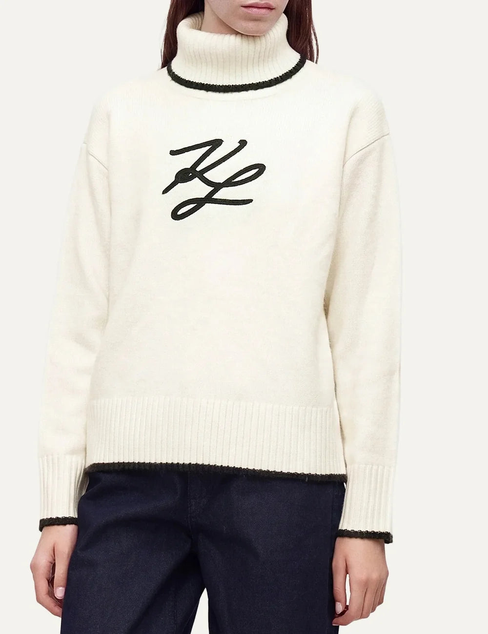 Karl Lagerfeld women ecru turtleneck sweater with black Karl Signature embroidery model