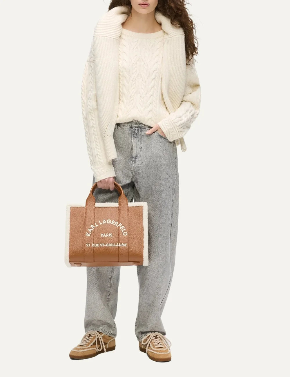 Karl Lagerfeld women Rue St-Guillaume brown technical leather faux shearling medium tote bag full body
