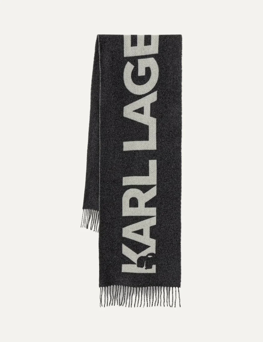 Karl Lagerfeld women dark grey wool scarf with light grey logo and fringed edges