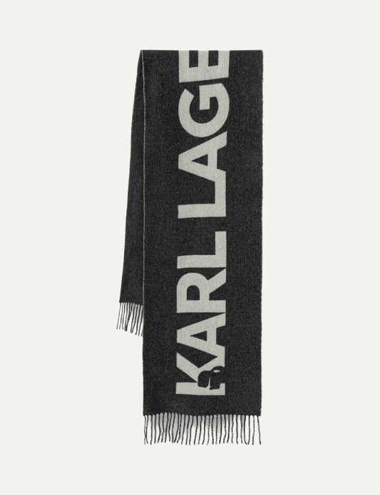Karl Lagerfeld women dark grey wool scarf with light grey logo and fringed edges