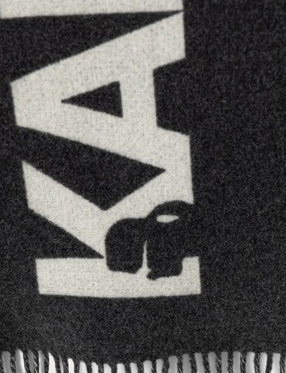 Karl Lagerfeld women dark grey wool scarf with light grey logo and fringed edges detail