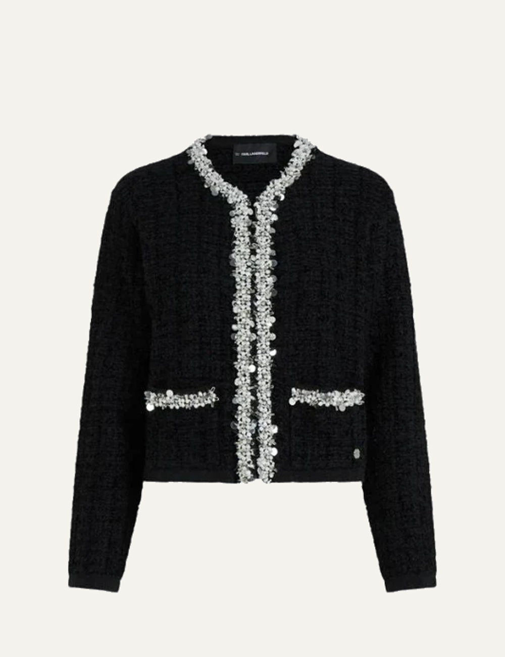 Karl Lagerfeld women's black cropped textured cardigan with long sleeves, pearl embellishments and front pockets.