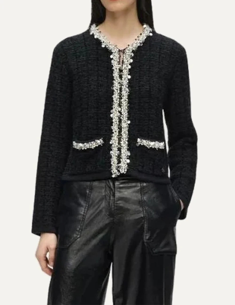 Karl Lagerfeld women's black cropped textured cardigan with long sleeves, pearl embellishments and front pockets model