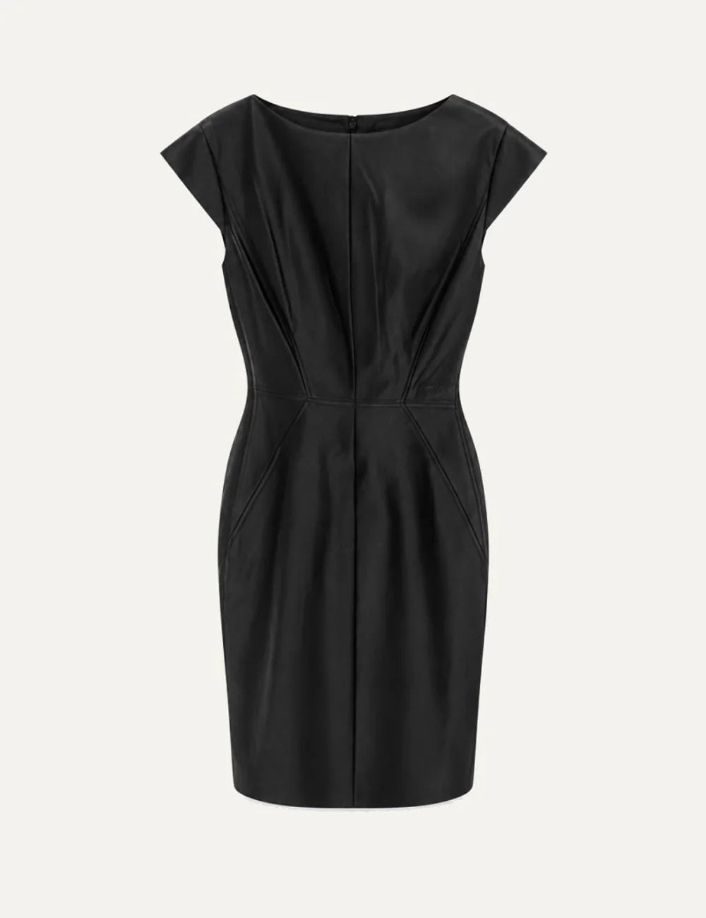 Karl Lagerfeld women's black faux leather mini dress with short sleeves, round neckline, fitted waist and structured seam detailing.