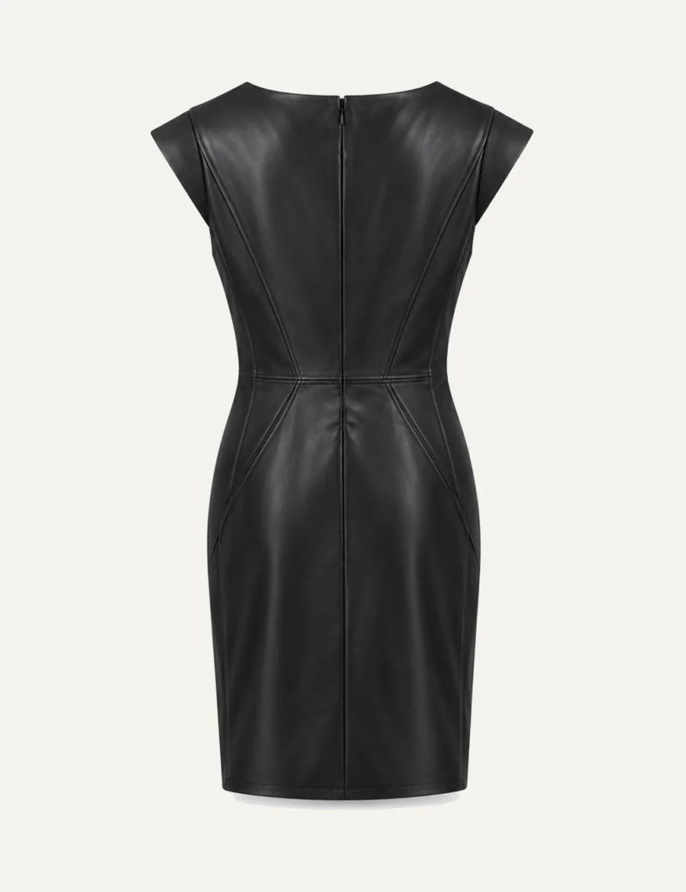 Karl Lagerfeld women's black faux leather mini dress with short sleeves, round neckline, fitted waist and structured seam detailing back