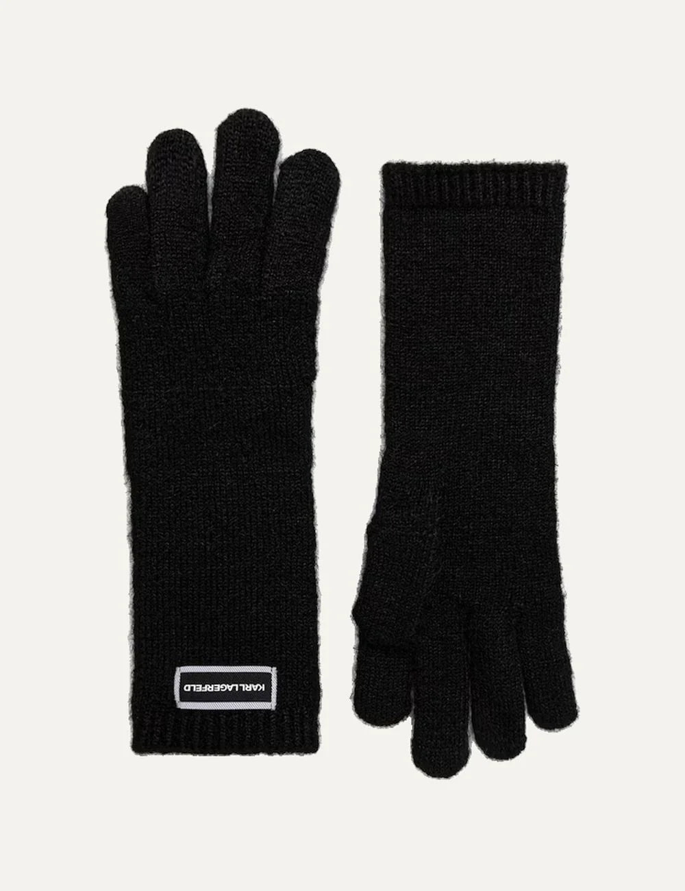 Karl Lagerfeld women's black knitted gloves with long ribbed cuffs and logo label.