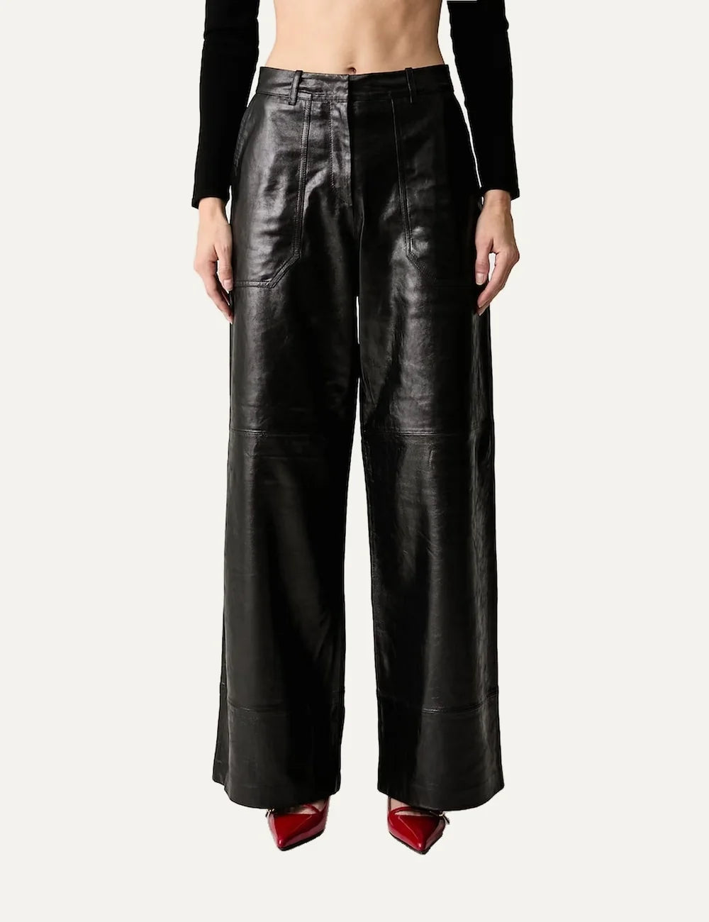 Karl Lagerfeld women's black leather wide-leg trousers with high waist, front patch pockets and visible seam detailing.
